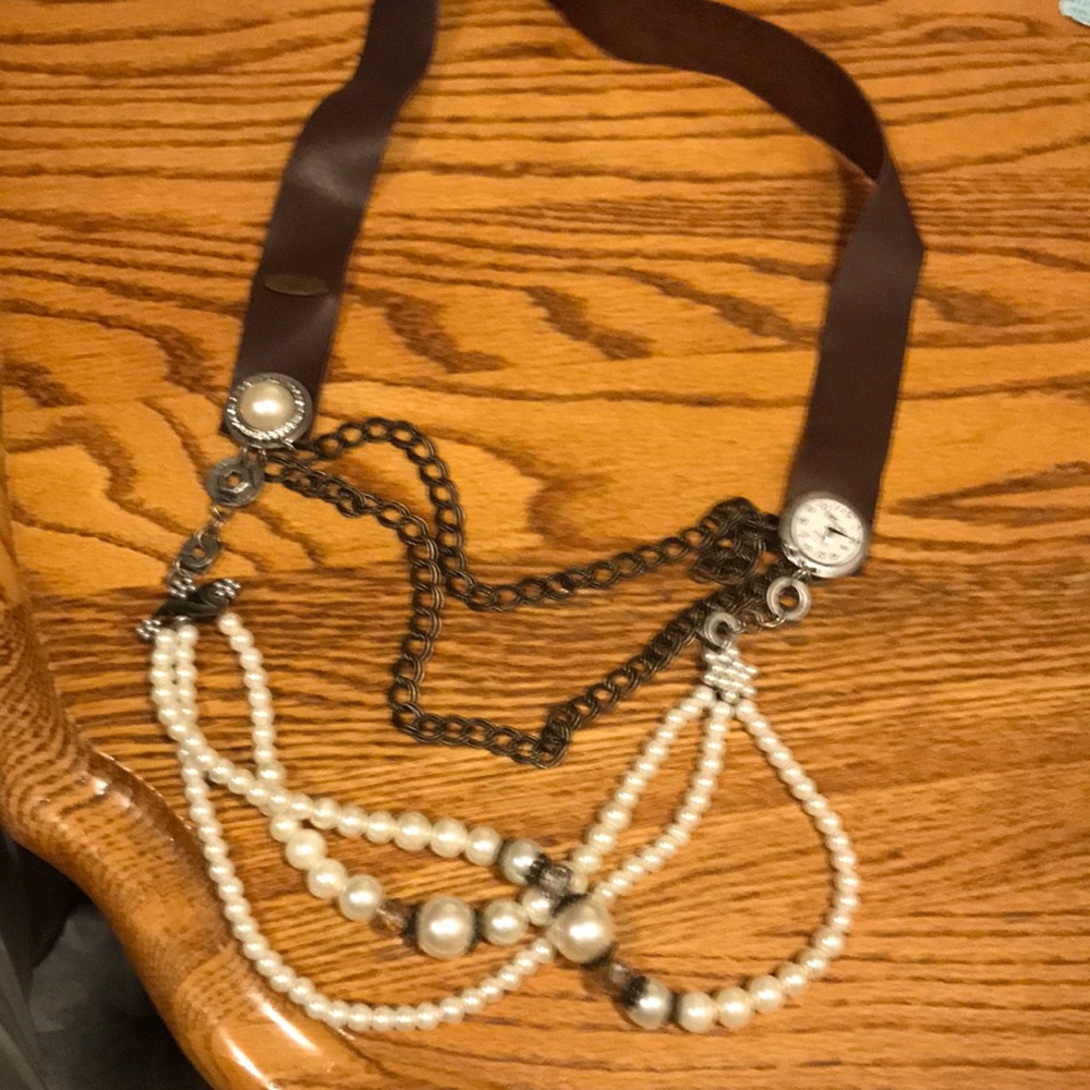 Vintage Plunder 19” leather clock pearls silver/ bronze steampunk boho necklace